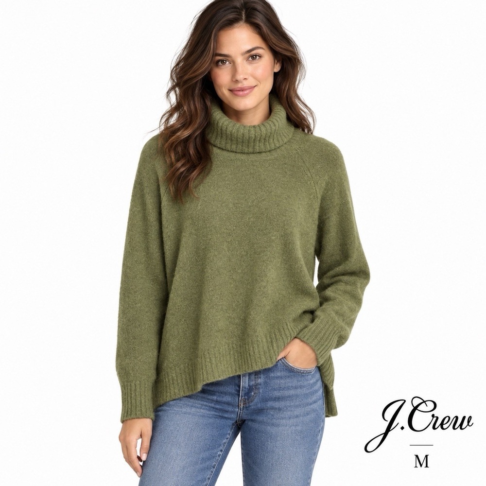 J.Crew Supersoft Turtleneck Sweater Womens M Olive Green Wool Alpaca High Low